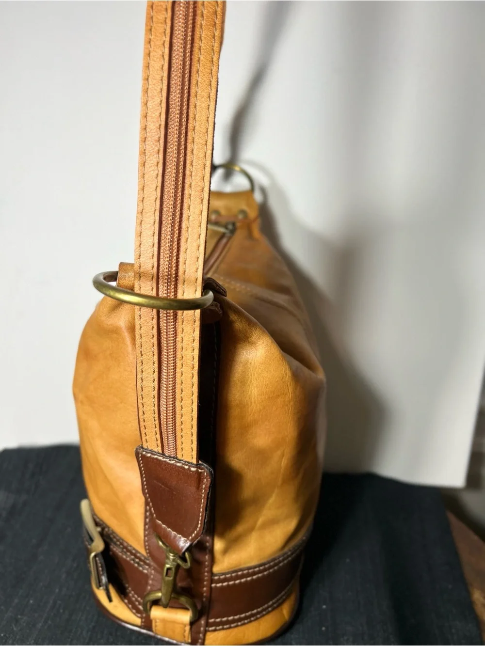 Genuine Italian Leather Bucket Shoulder Bag Brown Two Tone Italy